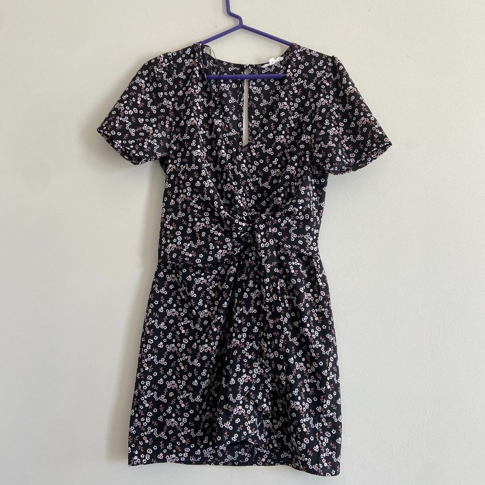 Black Floral Mini Dress with Waist Tie